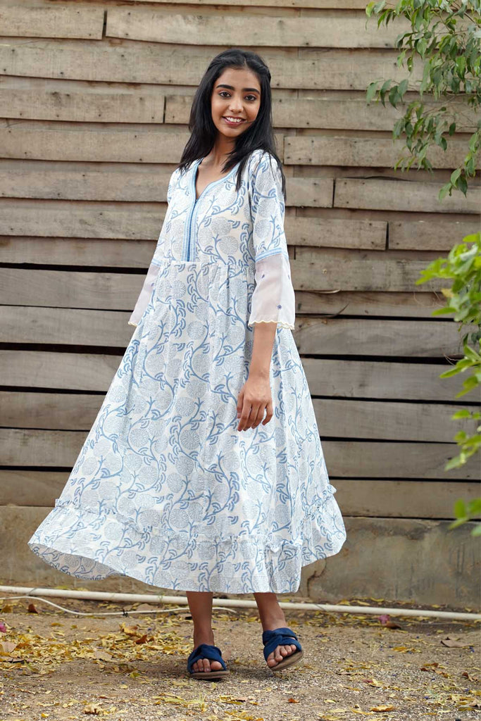 White Hand Block Printed Dress