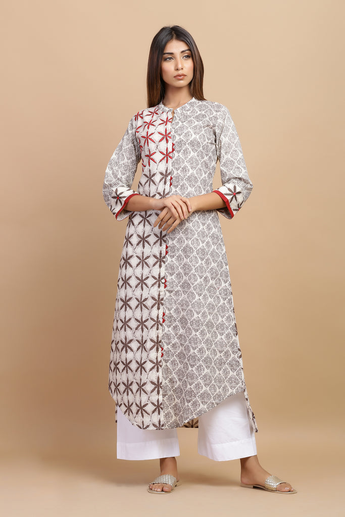 Grey Brown Printed Cotton A-Line Kurta