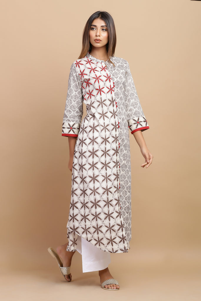 Grey Brown Printed Cotton A-Line Kurta