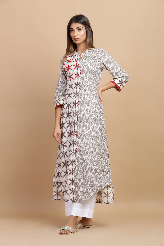 Grey Brown Printed Cotton A-Line Kurta