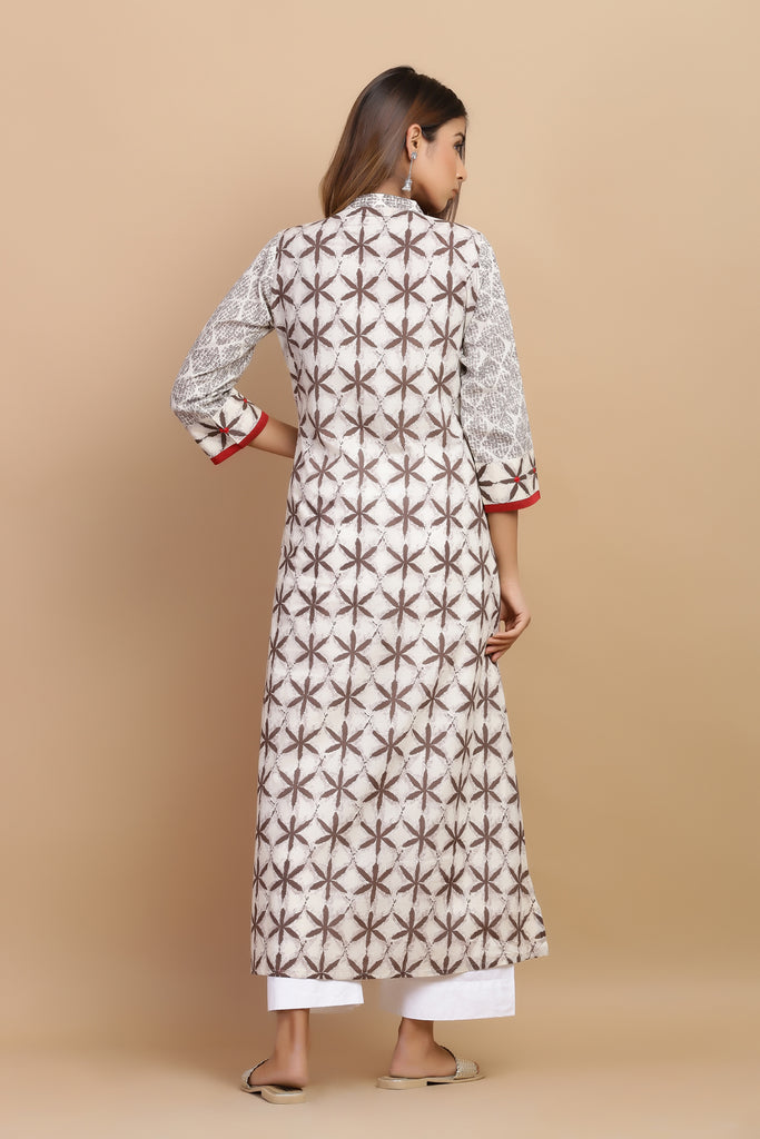 Grey Brown Printed Cotton A-Line Kurta