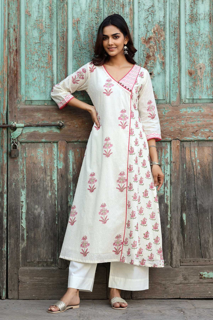 Angrakha Style A-Line Kurta In Cream Dobby Fabric