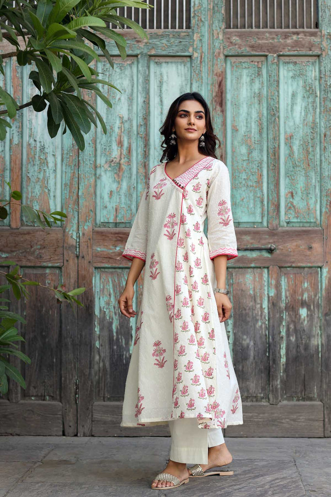Angrakha Style A-Line Kurta In Cream Dobby Fabric