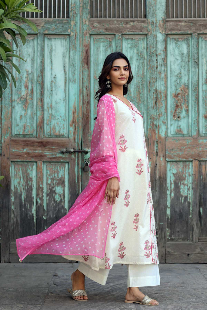 Angrakha Style A-Line Kurta In Cream Dobby Fabric