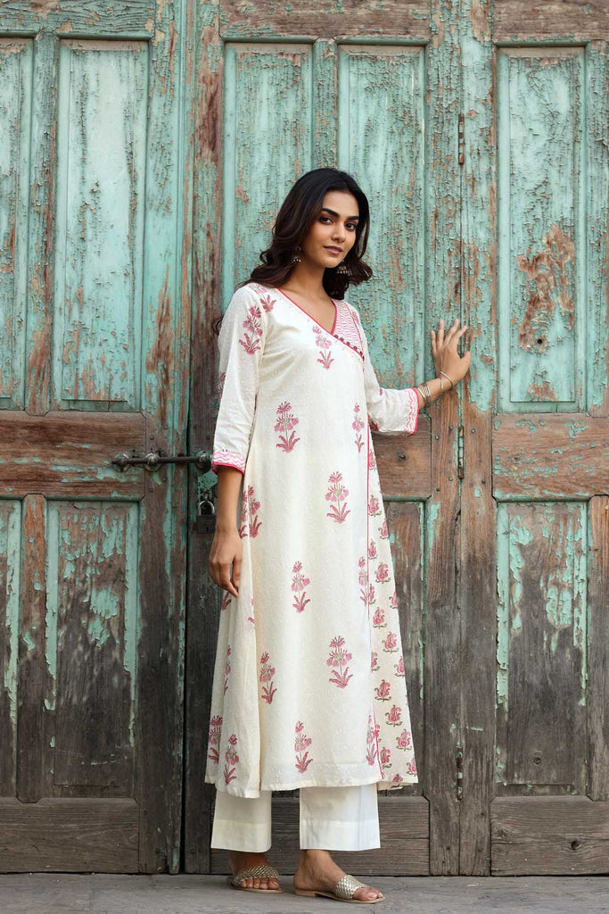 Angrakha Style A-Line Kurta In Cream Dobby Fabric