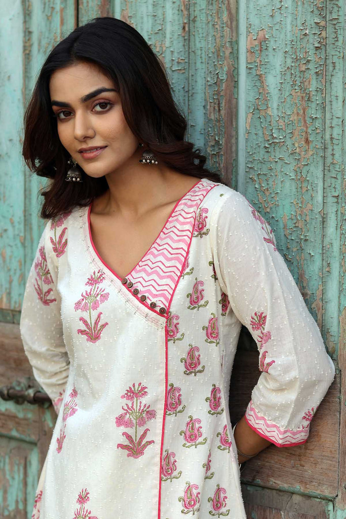 Angrakha Style A-Line Kurta In Cream Dobby Fabric
