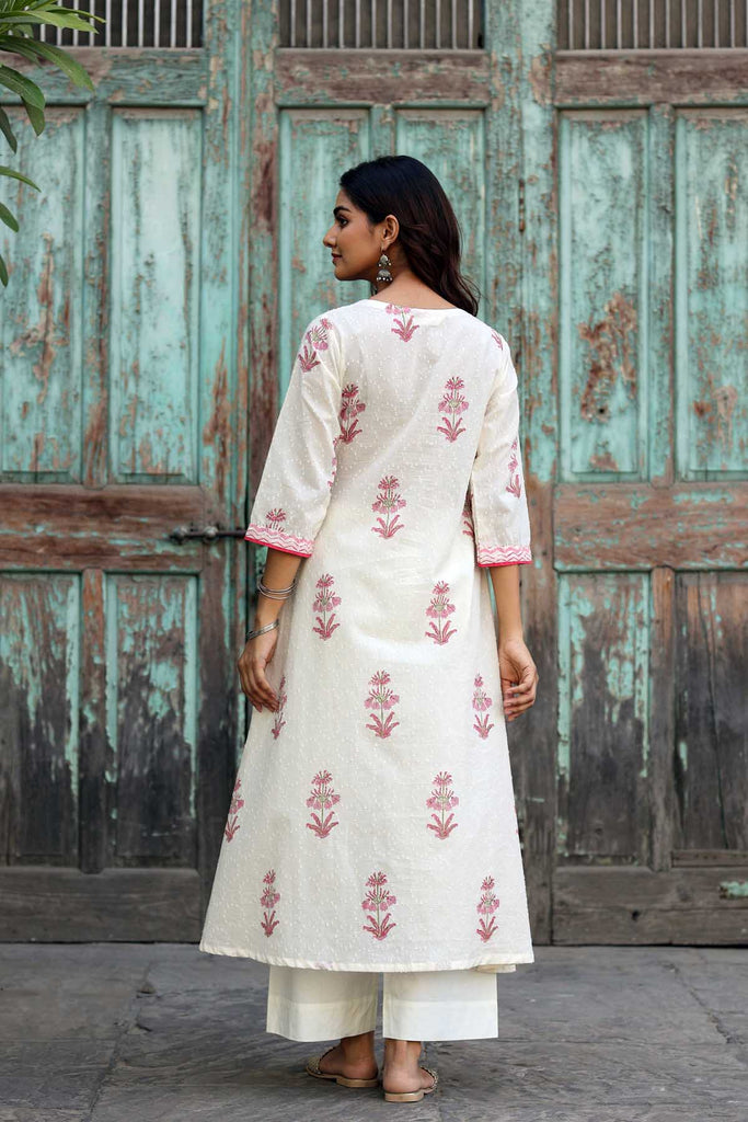 Angrakha Style A-Line Kurta In Cream Dobby Fabric