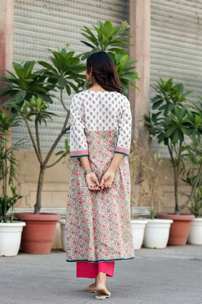 Long Length Kalidaar Kurta In Off-White Floral Print