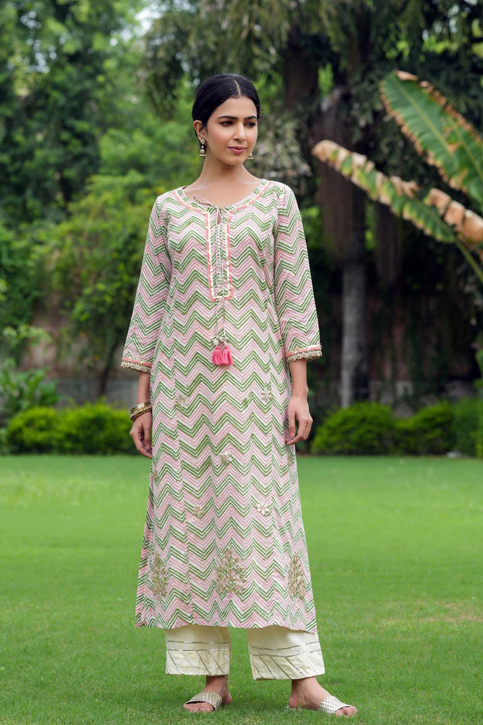 Cream Base Leheriya Style Kurta In Hand Block Cotton