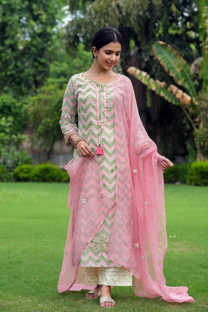 Cream Base Leheriya Style Kurta In Hand Block Cotton