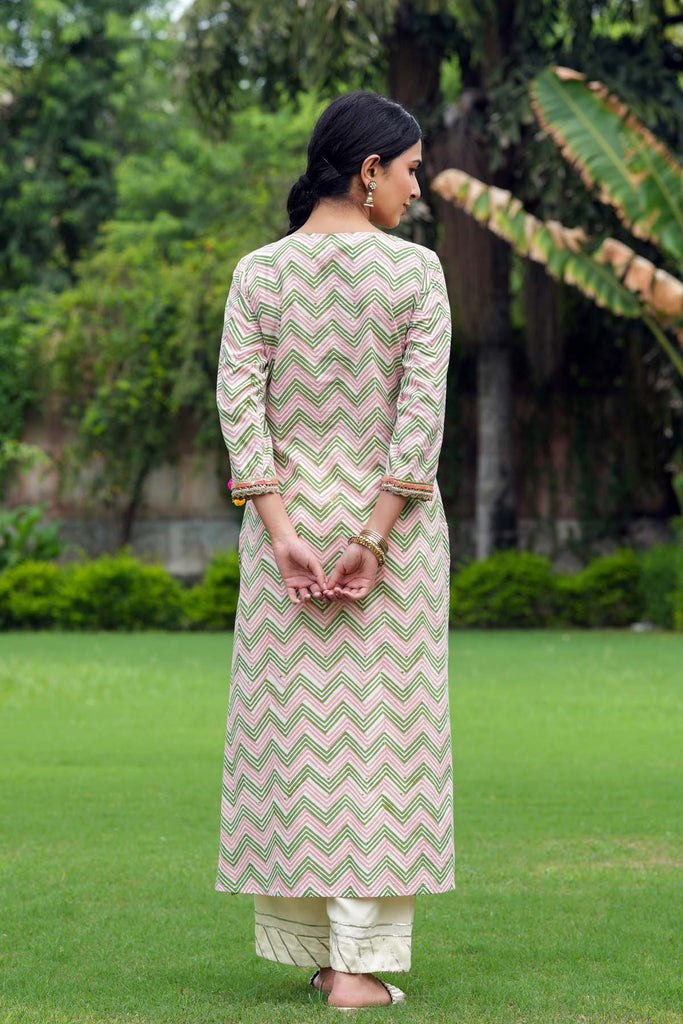 Cream Base Leheriya Style Kurta In Hand Block Cotton