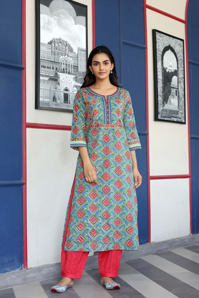 Light Green Straight Fit Kurta In Handblock Cotton