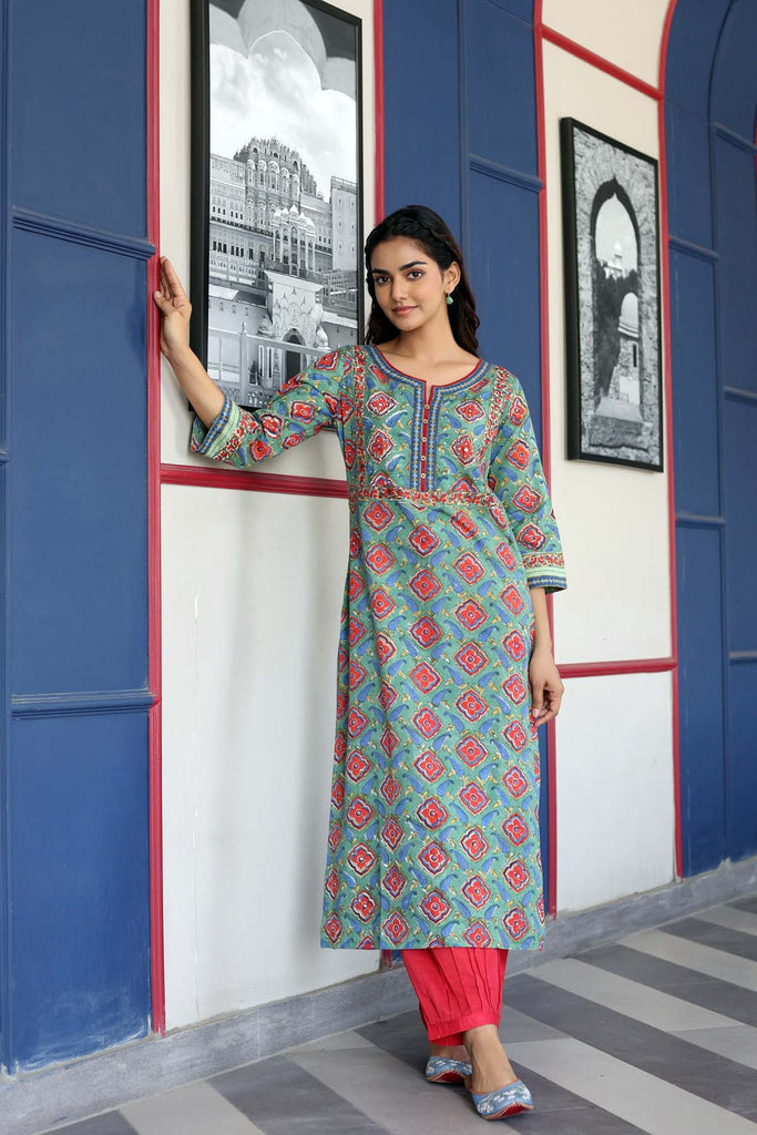 Light Green Straight Fit Kurta In Handblock Cotton