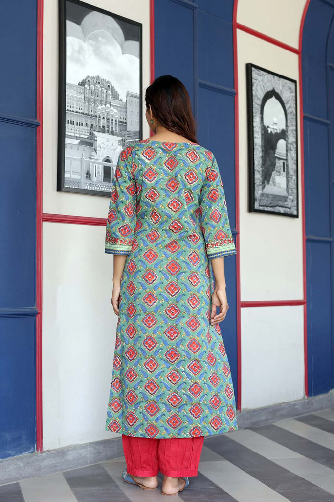 Light Green Straight Fit Kurta In Handblock Cotton