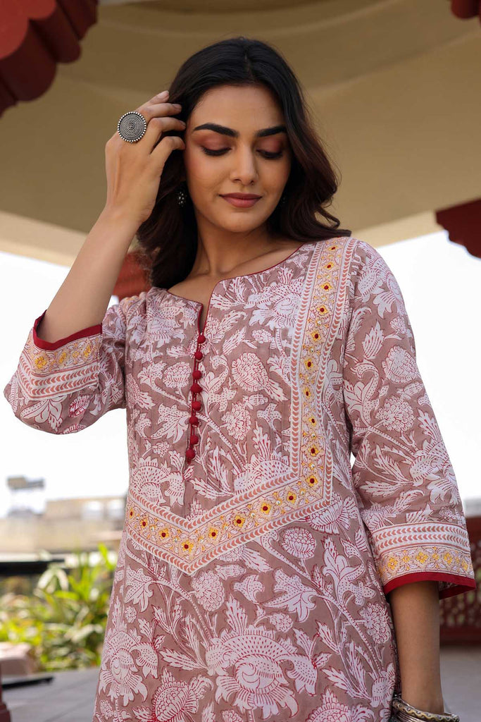 Straight Fit Hand Block Print Kurta In Light Brown Color