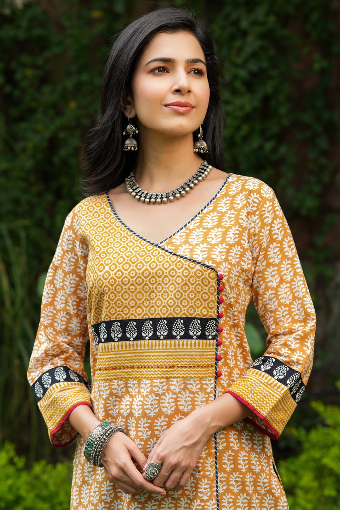 Straight Fit Angrakha Style Kurta In Dark Mustard Color