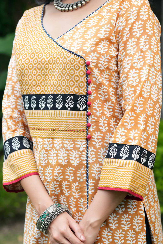 Straight Fit Angrakha Style Kurta In Dark Mustard Color