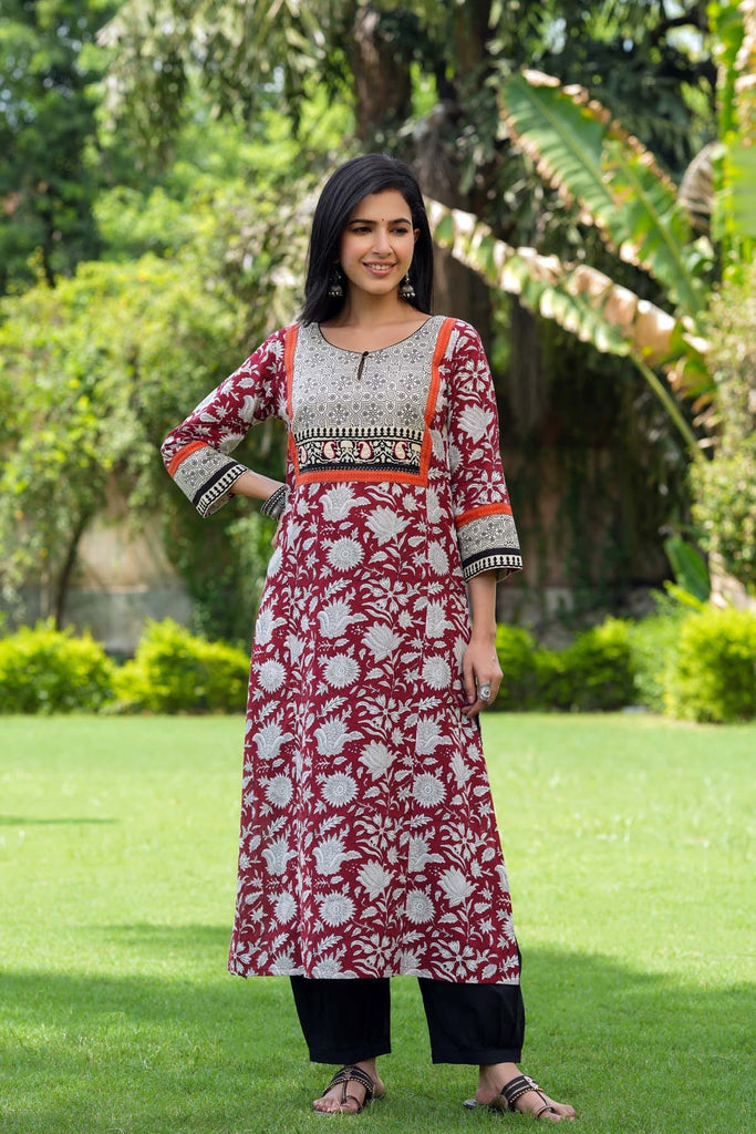 A-Line Kurta on Maroon Handblock Cotton