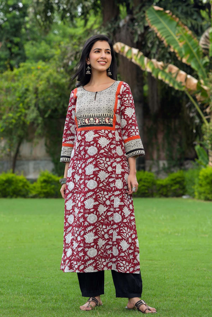 A-Line Kurta on Maroon Handblock Cotton