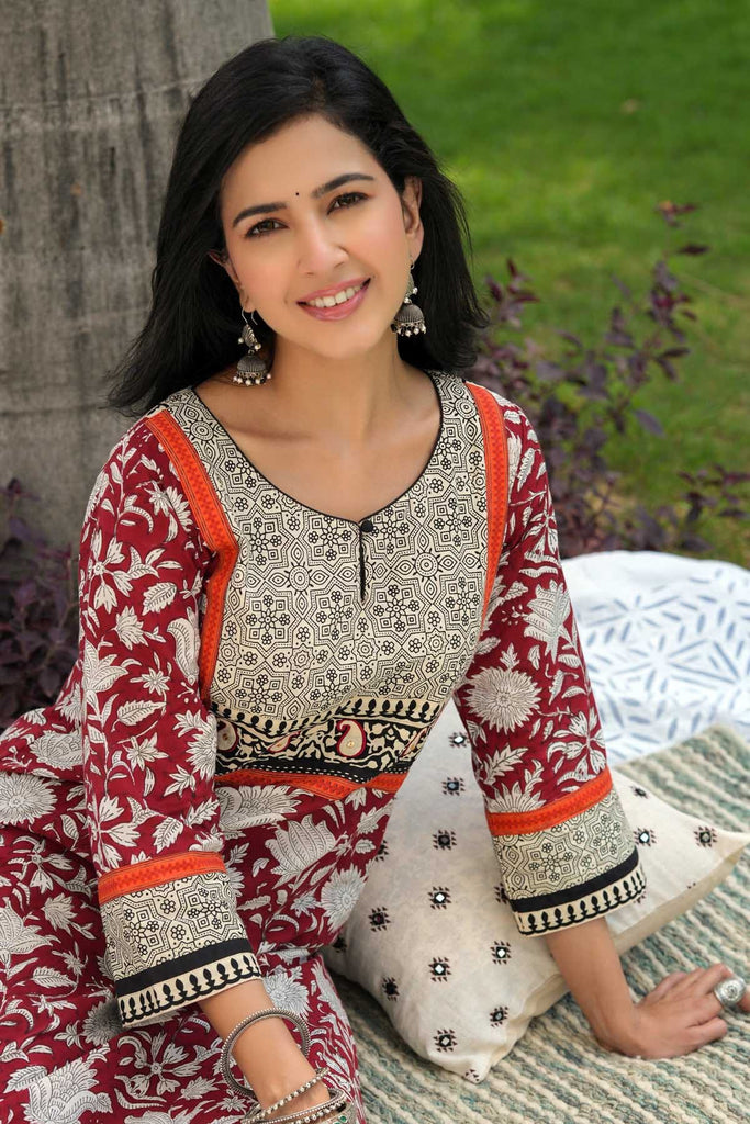 A-Line Kurta on Maroon Handblock Cotton