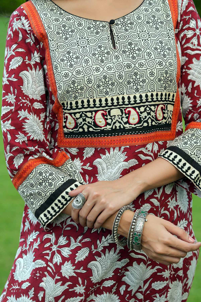 A-Line Kurta on Maroon Handblock Cotton