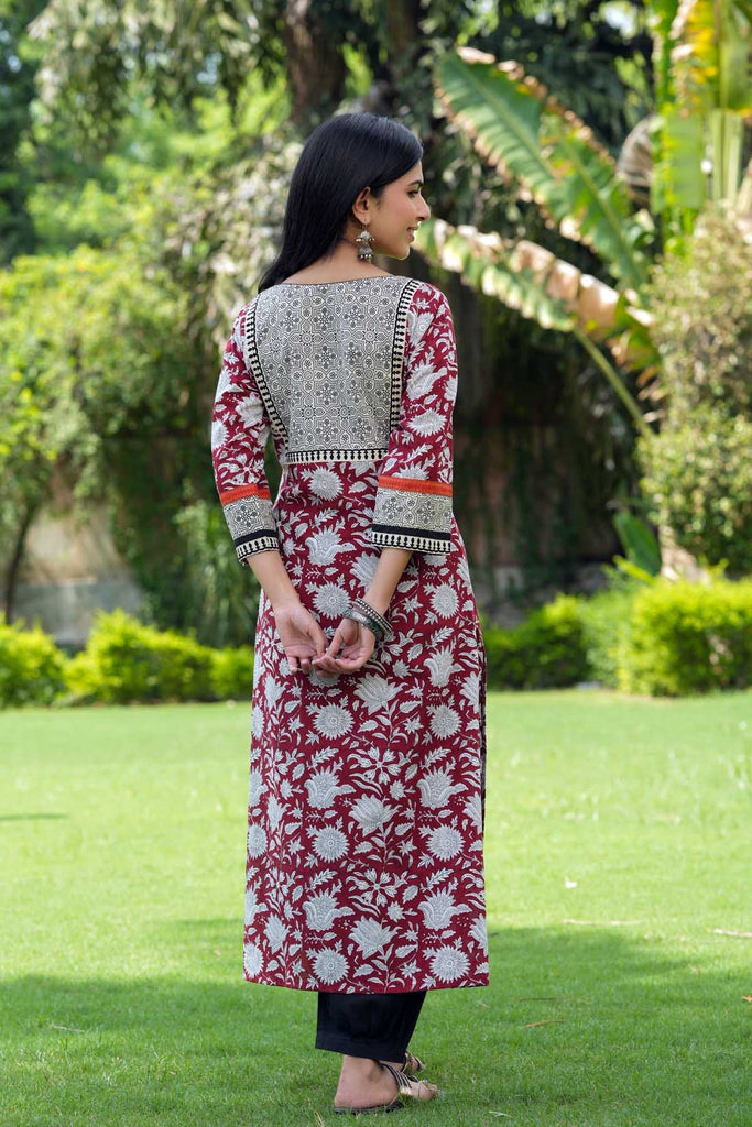 A-Line Kurta on Maroon Handblock Cotton