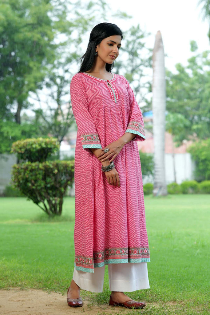 Long Length A-Line Kalidaar Kurta In Pink Bandhej