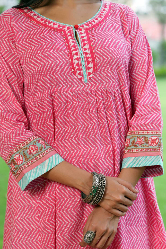 Long Length A-Line Kalidaar Kurta In Pink Bandhej
