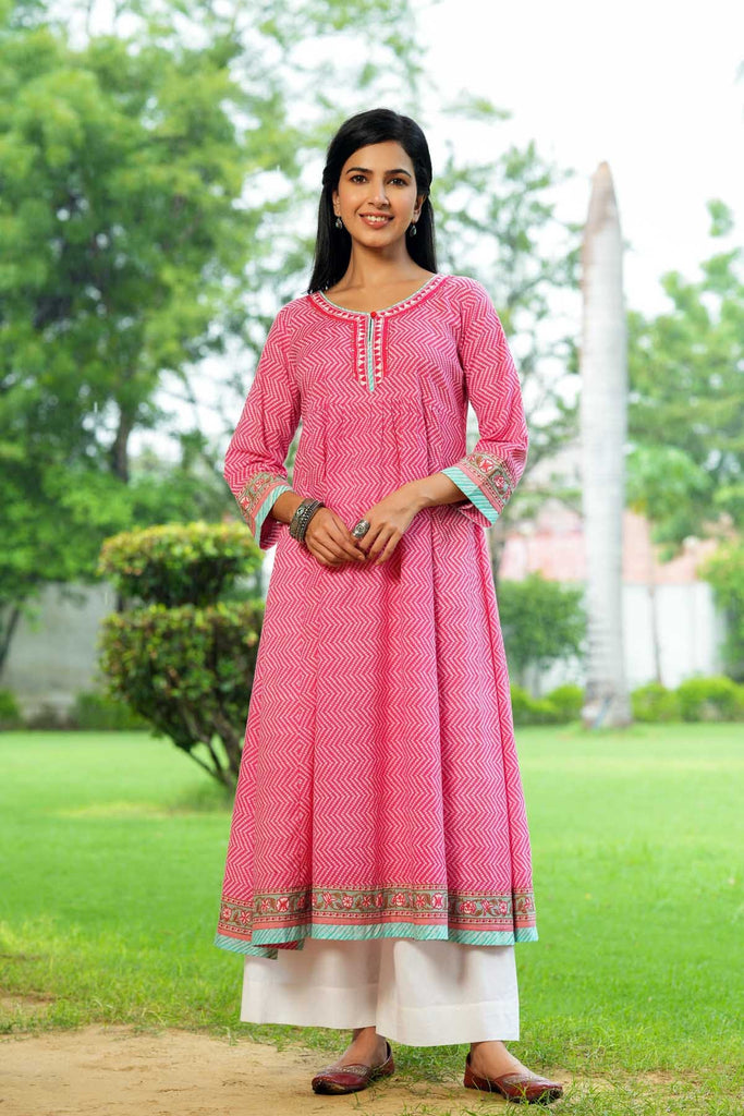 Long Length A-Line Kalidaar Kurta In Pink Bandhej