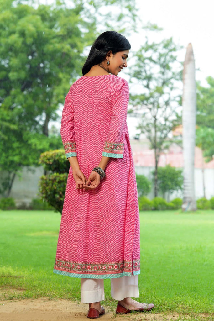 Long Length A-Line Kalidaar Kurta In Pink Bandhej