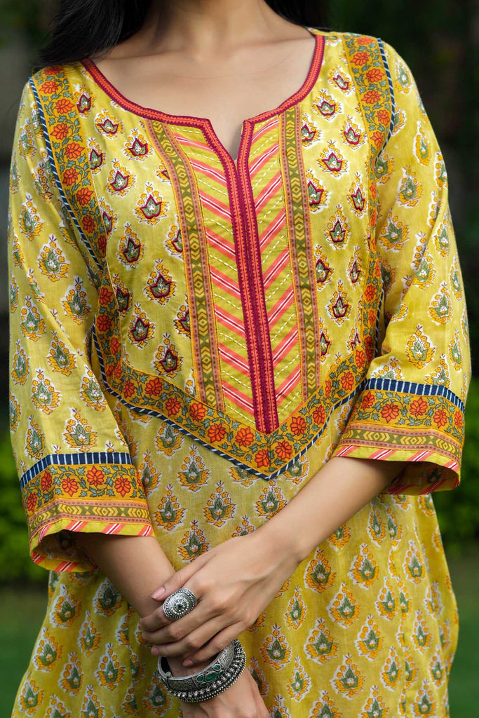 A-Line Kurta In Mustard Yellow Mulmul Cotton Fabric