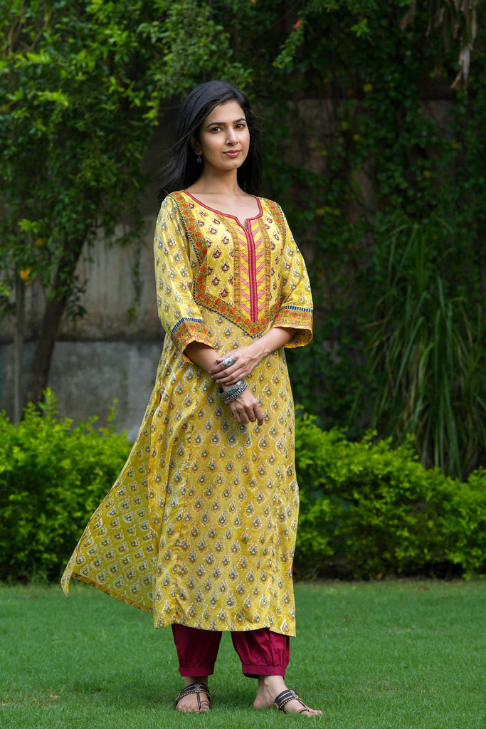 A-Line Kurta In Mustard Yellow Mulmul Cotton Fabric