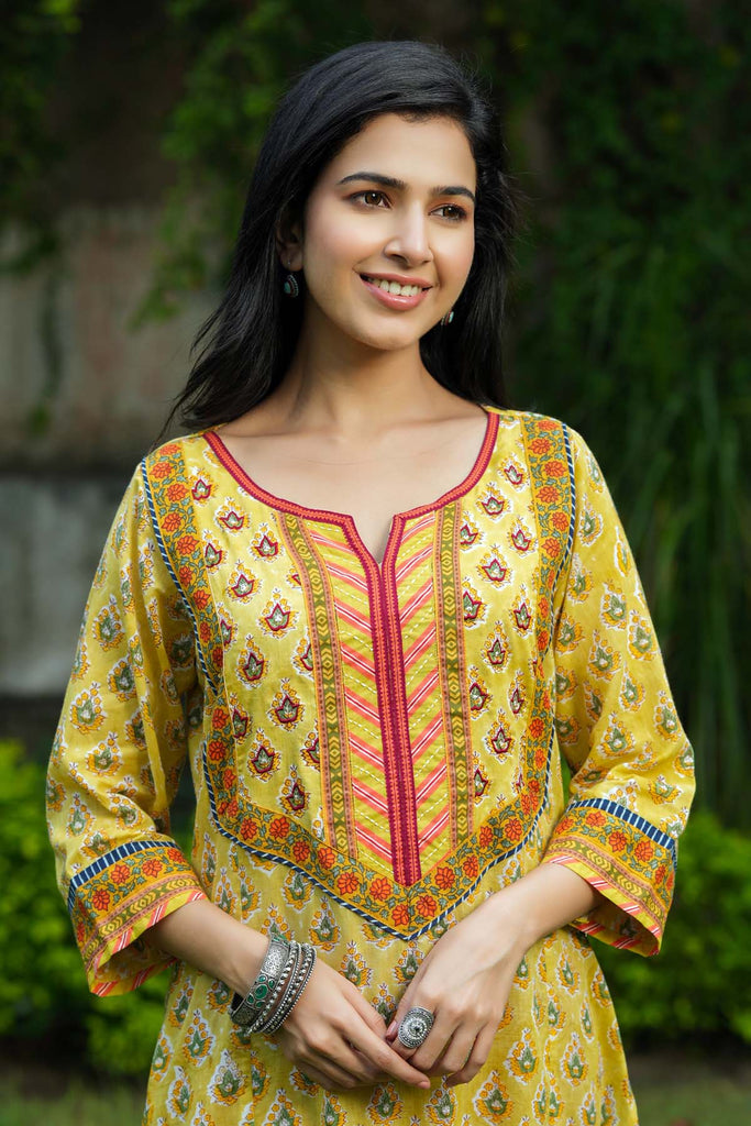 A-Line Kurta In Mustard Yellow Mulmul Cotton Fabric