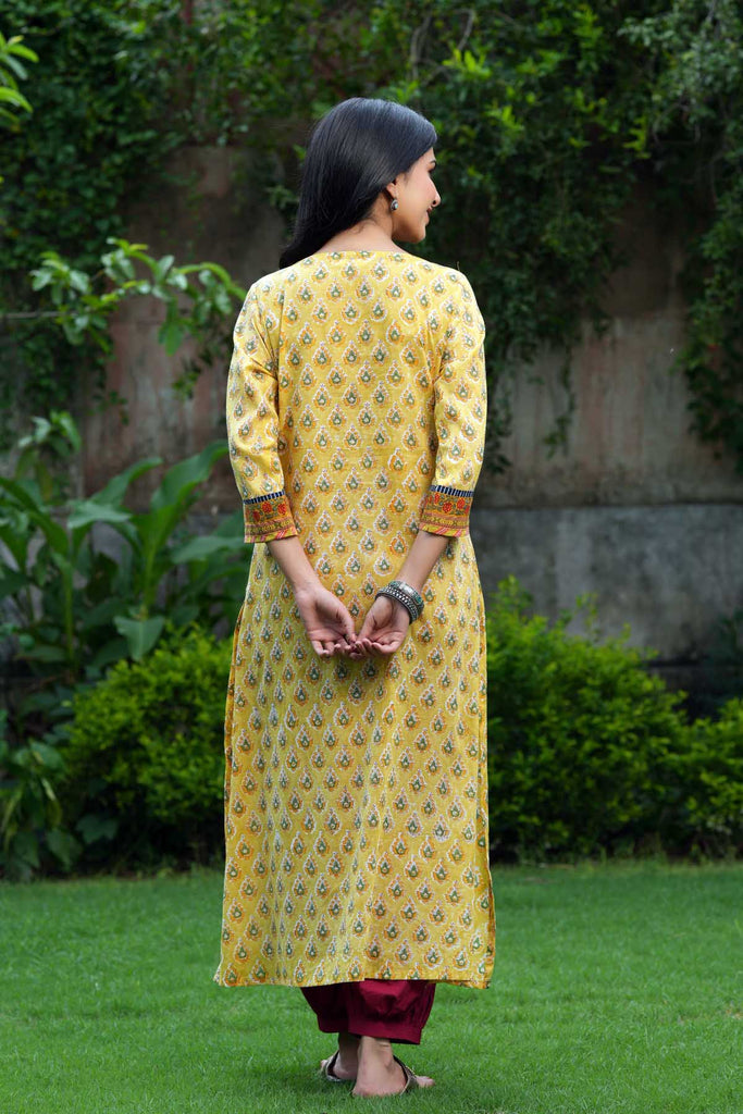 A-Line Kurta In Mustard Yellow Mulmul Cotton Fabric