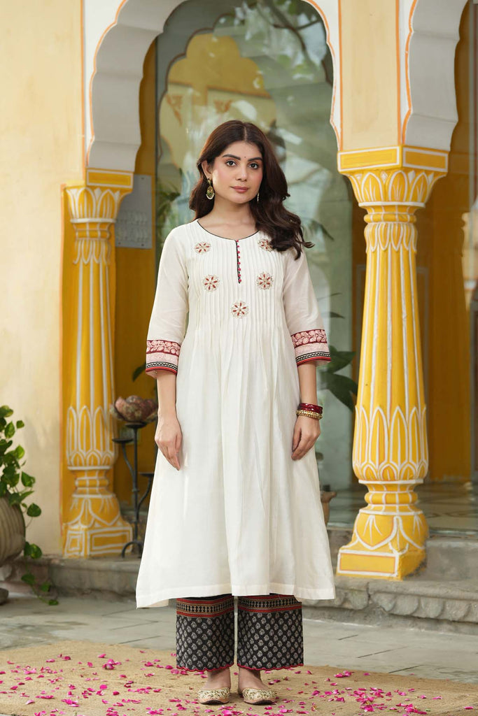 A-Line Cream Color Chanderi Kurta With Gota Work