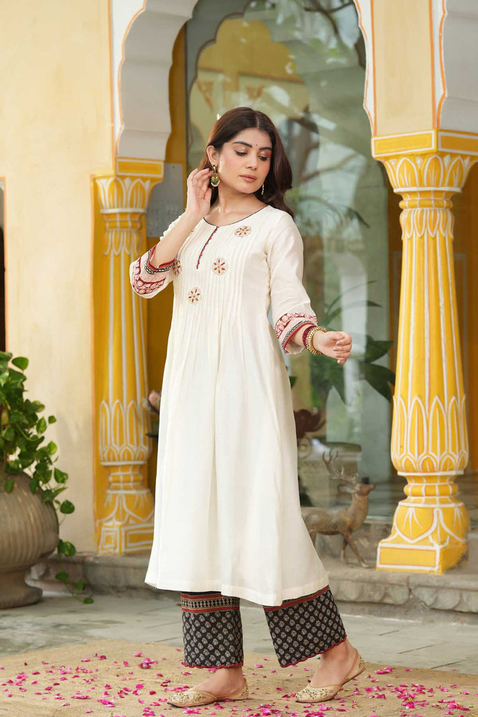 A-Line Cream Color Chanderi Kurta With Gota Work