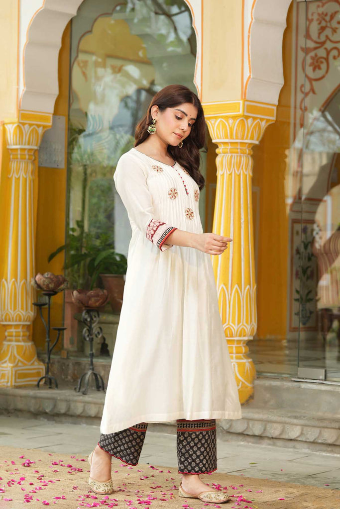 A-Line Cream Color Chanderi Kurta With Gota Work