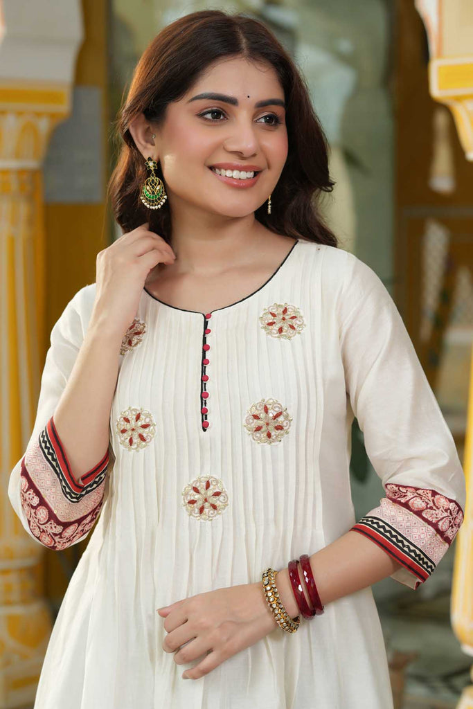 A-Line Cream Color Chanderi Kurta With Gota Work