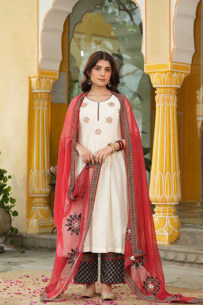 A-Line Cream Color Chanderi Kurta With Gota Work