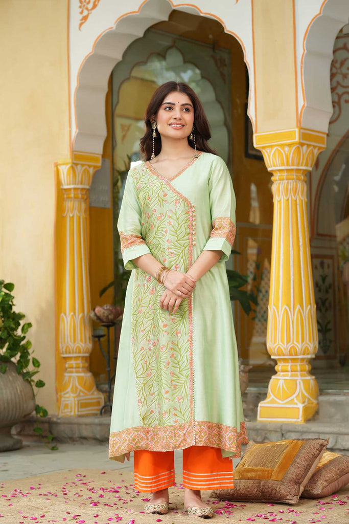 Aqua Green Chanderi A-Line Kurta In Angrakha Style