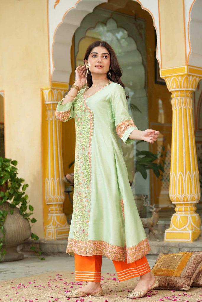 Aqua Green Chanderi A-Line Kurta In Angrakha Style