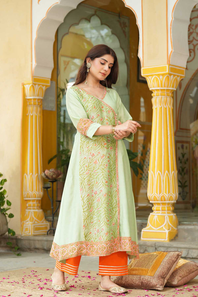 Aqua Green Chanderi A-Line Kurta In Angrakha Style