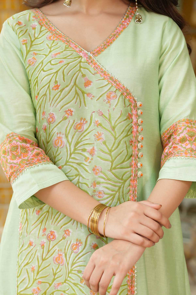 Aqua Green Chanderi A-Line Kurta In Angrakha Style