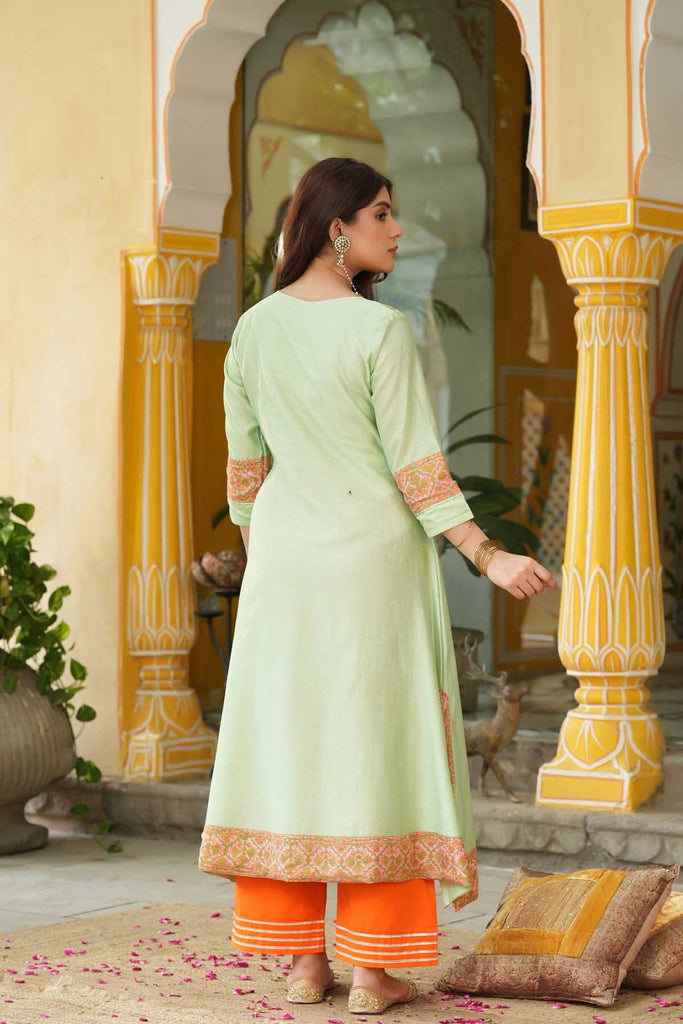 Aqua Green Chanderi A-Line Kurta In Angrakha Style