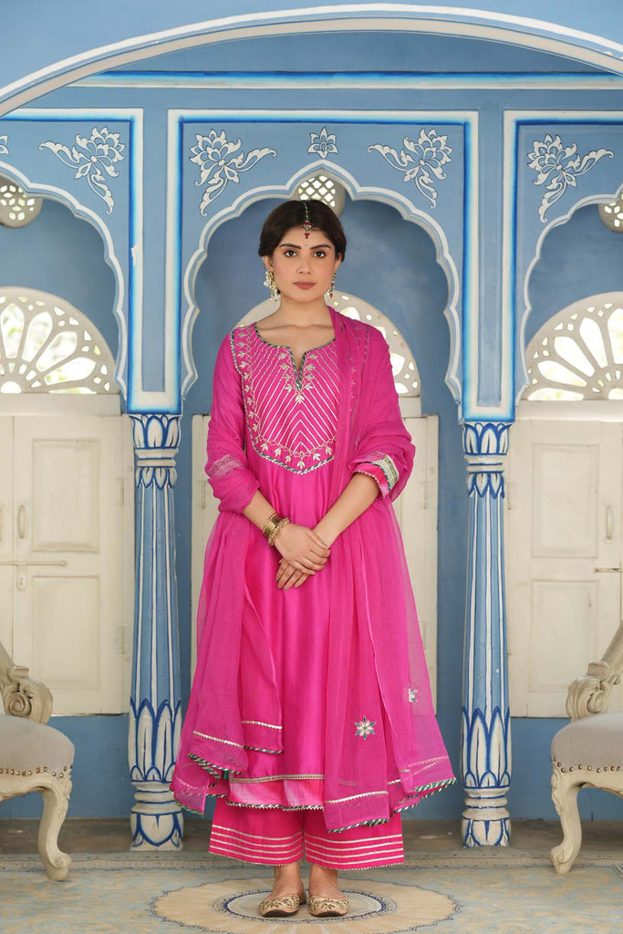 Double Layer Chanderi Kurta In Rani Color