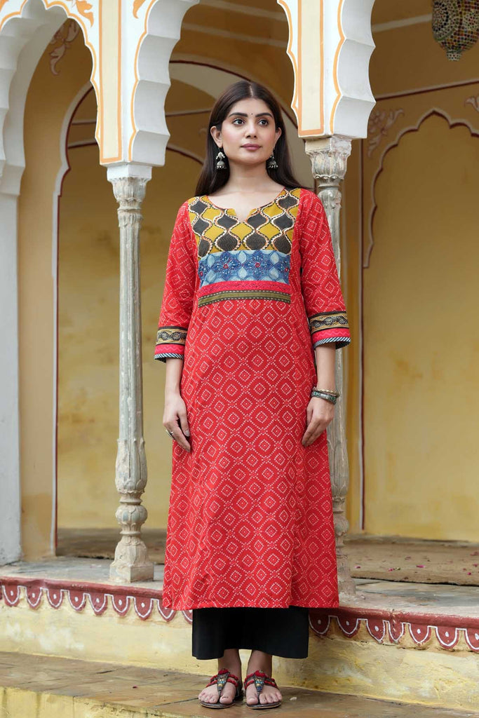 Red Bandhej Print A-Line Kurta In Cotton