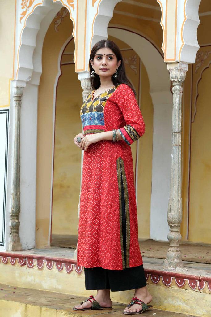 Red Bandhej Print A-Line Kurta In Cotton