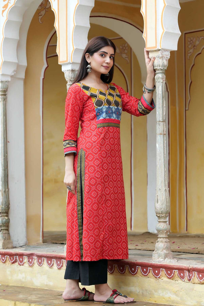 Red Bandhej Print A-Line Kurta In Cotton