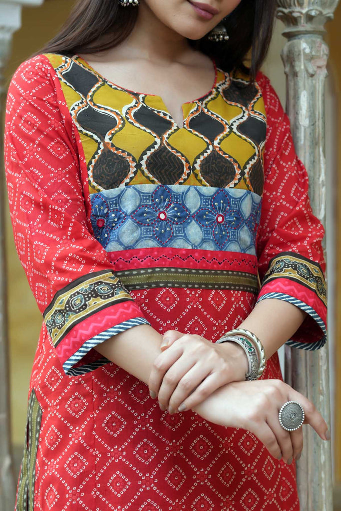 Red Bandhej Print A-Line Kurta In Cotton