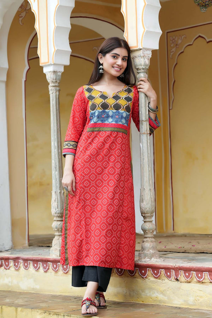 Red Bandhej Print A-Line Kurta In Cotton